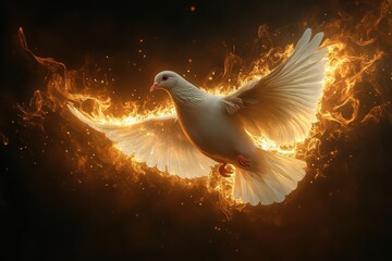 ethereal white dove in flight trailing blazing fire wings against dark background symbolic representation of holy spirit