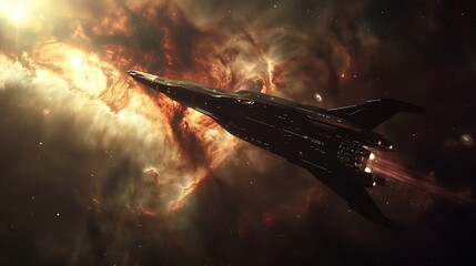 Obraz premium An intergalactic voyage with a spacecraft traveling through the dark void, distant galaxies and nebulae providing a stunning backdrop, showcasing the grandeur and solitude of the cosmic journey.