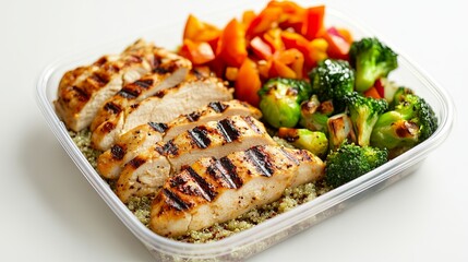 Freshly prepared clean eating meal with grilled chicken, quinoa, and steamed vegetables in a plastic container, isolated on white background, more clarity with clear light and sharp focus, high