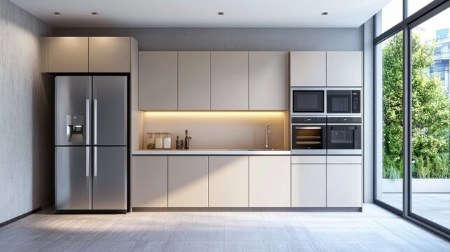 Modern kitchen interior with sleek appliances and minimalistic design in a neutral color palette, emphasizing functionality and style.