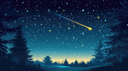 Starry night sky with a glowing shooting star over a serene winter landscape, creating a magical Christmas Eve atmosphere.
