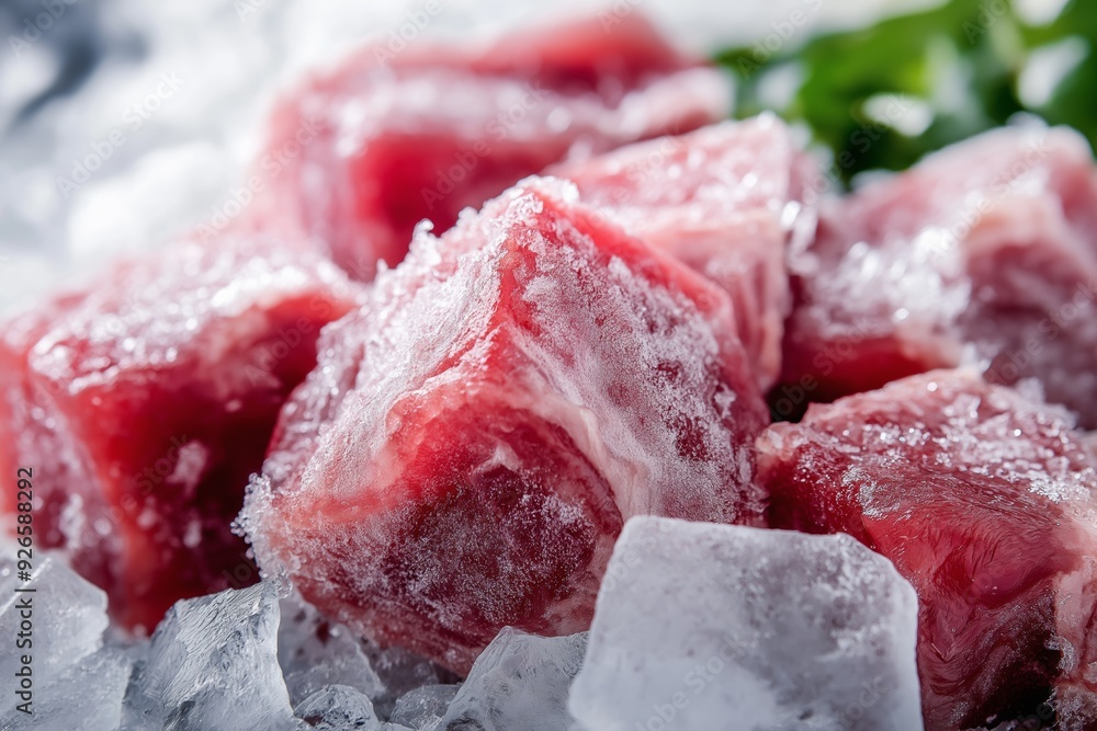 Poster a slab of meat is covered in ice and surrounded by ice cubes. the meat is cut into cubes and he is f