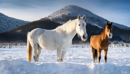 Naklejka premium Horses farm animal portrait nature stallion white beauty winter mammal