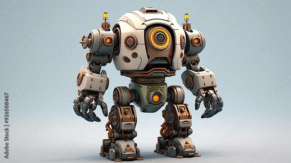 Poster a futuristic robot with mechanical limbs and glowing elements, designed for various tasks.