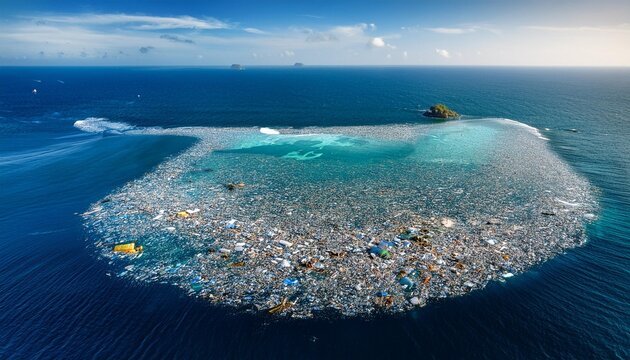 Huge island of plastic waste in the ocean, known as the Great Pacific Garbage Patch or Plastic Island.