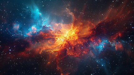 Fototapeta premium Colorful gas clouds and debris expanding after a supernova explosion, viewed from a distant planet, intense and vibrant hues, capturing the awe-inspiring and dynamic beauty of this cosmic event.