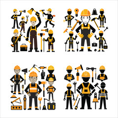 "Black Vector Illustration of a Construction Worker Set - Featuring Multiple Figures in Various Poses with Tools Such as Hammers, Drills, and Wrenches.