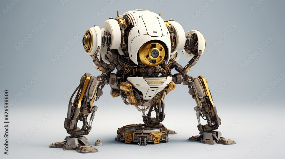 Poster a futuristic robot with a mechanical design, featuring intricate details and a sturdy base.