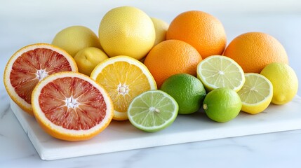 Fototapeta premium Fresh organic citrus fruits including oranges, lemons, and limes, arranged on a white marble surface, isolated on white background, more clarity with clear light and sharp focus, high detailed