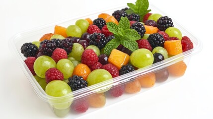 Ready-to-eat organic fruit salad with mixed berries, grapes, and mint leaves in a transparent plastic container, isolated on white background, more clarity with clear light and sharp focus, high