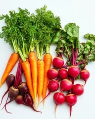 An assortment of fresh organic root vegetables including carrots, beets, and radishes, isolated on white background, more clarity with clear light and sharp focus, high detailed