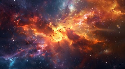 Obraz premium Galaxies in collision, vibrant and dynamic, stars swirling in a cosmic dance, viewed from the edge of a nebula, colorful gas clouds, and intense light streams,
