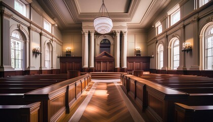 Fototapeta premium Justice Served A Regal Courtroom Nestled Inside a Historic American Courthouse, Adorned with Wooden Bench and Classic Desks, Embodying the Symbol of Order and Authority in the Legal System