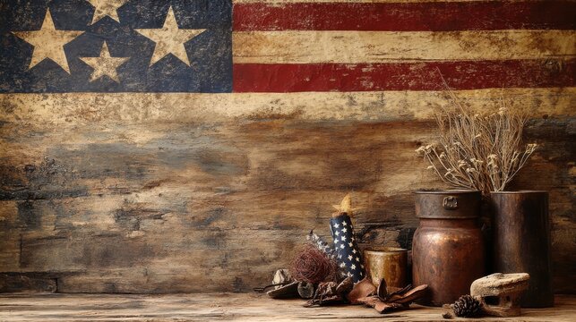 A rustic tabletop display featuring the American flag, vintage decor elements, and symbols of national pride, perfect for a patriotic celebration or home decor