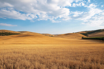 A large, empty field of tall grass with a clear blue sky above