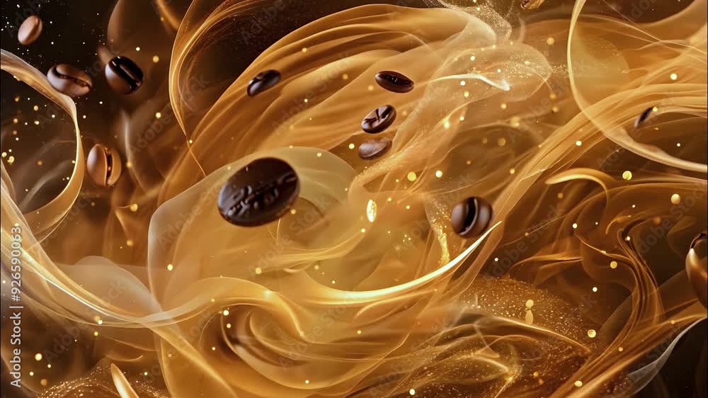 Poster a swirling blend of golden coffee-inspired colors with floating beans creating an abstract and vibra