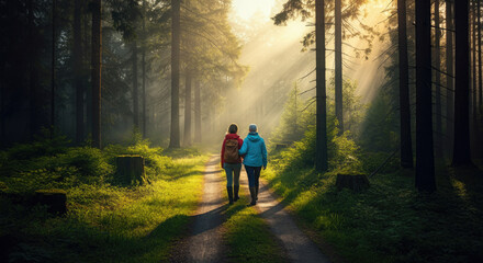 Fototapeta premium Two individuals walking through the woods in morning light.