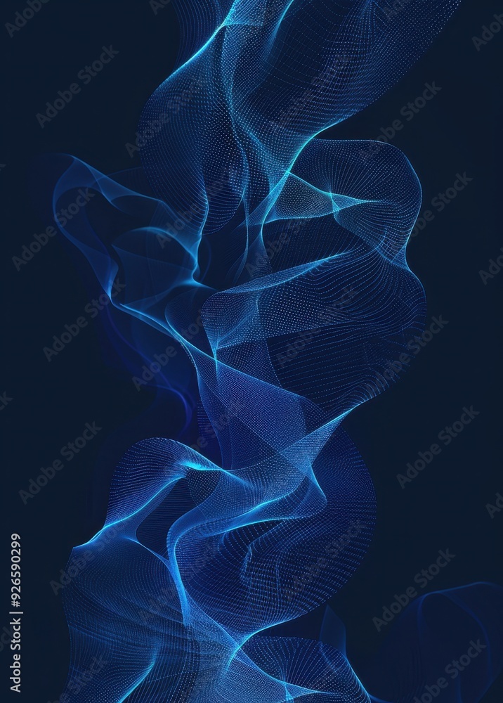 Poster abstract blue light waves over a dark background with fluid and flowing forms.
