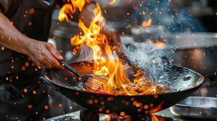 Chef hands keep wok with fire. Closeup chef hands cook food with fire.