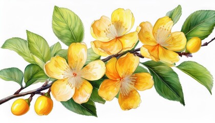Mirabelle plum (Prunus domestica) with leaves and Blooming Flowers. Watercolour Illustration of Yellow Mirabelle Plum Branch Isolated on White.