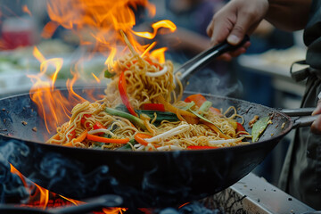 street food wok pan with noodles