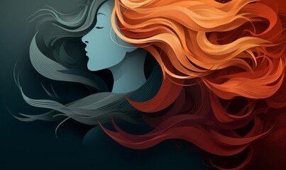 Flowing hair flat design side view windswept locks 3D render Splitcomplementary color scheme