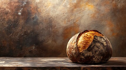 Fototapeta premium A Single Loaf of Crusty Bread on a Wooden Surface