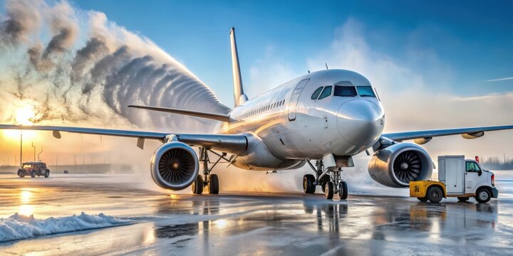 Airplane being deiced on a frosty winter day at the airport, Deicing, Airplane, Winter, Frost, Airport, Aviation, Snow, Ice, Cold