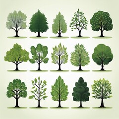 Nature's Tapestry A Whimsical Collection of Green Tree Silhouettes in a Lush Forest - An Illustrative Set of Oak, Pine, Willow and Birch Trees, Depicting Vibrant Summer and Spring Seasons in a Serene