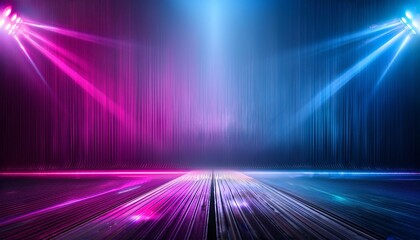 Neon dark stage shows empty room neon light, spotlights, dark blue, purple, pink background - dance floor for product display in studio, backdrop for photo shooting. Generative AI.