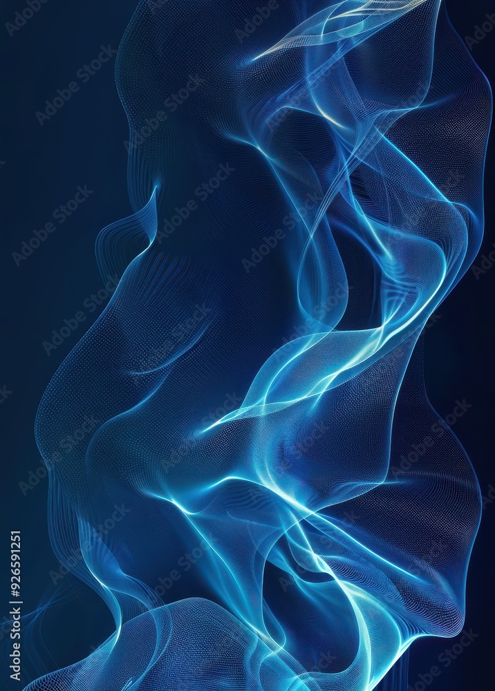 Poster abstract blue light waves on a dark background creating a sense of motion and fluidity.