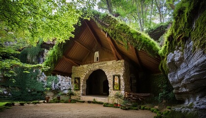 Nestled in a cave, the chapel is made of sturdy wood and stone that blend with nature. Vines and moss adorn the walls. Beams feature bull and nature carvings. The roof is made of thatch.