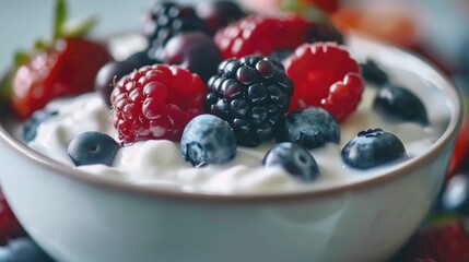 A bowl of Greek yogurt with mixed berries, showcasing the natural beauty and health benefits of fresh fruits in your food photography. 