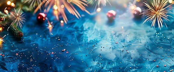 Fototapeta premium Festive background with fireworks, red ornaments, and bokeh lights on blue.