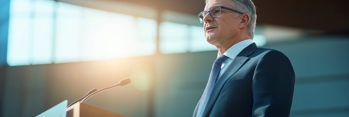 A man in a suit stands behind a podium, speaking into a microphone. Concept of professionalism and authority, as the man is dressed in a suit and tie and he is giving a speech or presentation