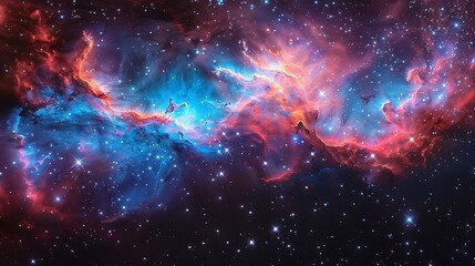 Naklejka premium The aftermath of a supernova explosion, with colorful gas clouds and debris expanding into space, vibrant hues of blue, red, and purple, viewed from a nearby star system,