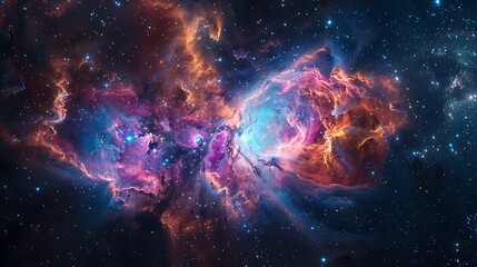 Fototapeta premium The aftermath of a supernova, with colorful gas clouds and debris expanding into space, seen from a nearby moon, vibrant blues, reds, and purples,