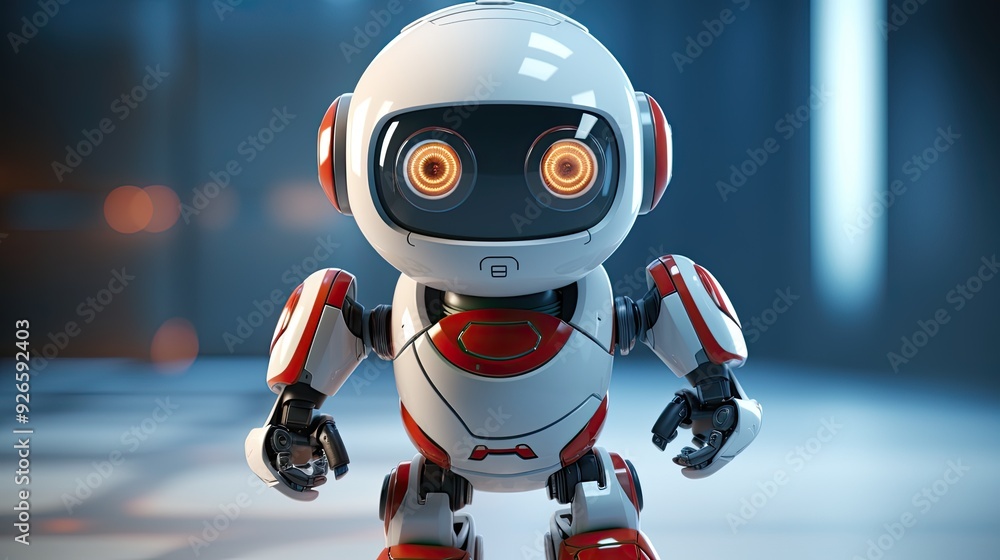 Poster a friendly robot with glowing eyes, designed for interaction and assistance.