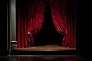 A dramatic scene of red stage curtains partially open, revealing a spotlight on the wooden floor. The dark background contrasts with the rich red fabric, creating a sense of anticipation, highlighting