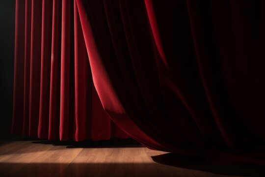 A dramatic scene of red stage curtains partially open, revealing a spotlight on the wooden floor. The dark background contrasts with the rich red fabric, creating a sense of anticipation, highlighting