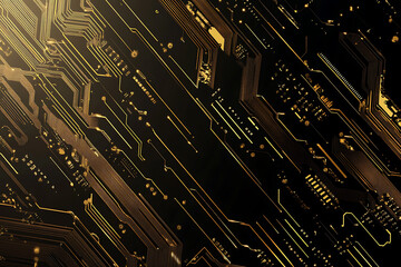 A modern abstract design featuring gold lines and dots representing network science and technology on a high-tech dark background. Ideal for templates, web design, and presentations