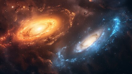 Fototapeta premium The majestic collision of galaxies, vibrant and swirling stars, with cosmic dust clouds, viewed from a nearby star, colorful light bursts, capturing the dynamic and mesmerizing nature of the universe.
