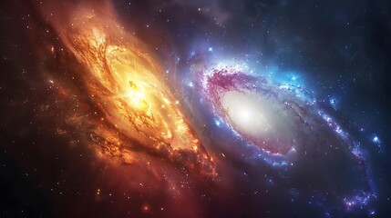 Fototapeta premium The majestic collision of galaxies, vibrant and swirling stars, with cosmic dust clouds, viewed from a nearby star, colorful light bursts, capturing the dynamic and mesmerizing nature of the universe.
