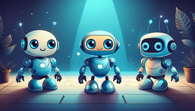 Robots and chatbots use artificial intelligence to help with communication and service. They are designed like cartoon characters to make them more approachable.