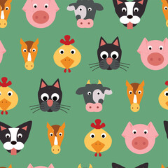 Seamless cartoon pattern with animals heads on green background. 