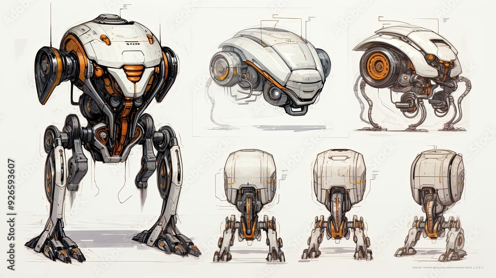 Poster a concept design of a futuristic robot with various views and details.