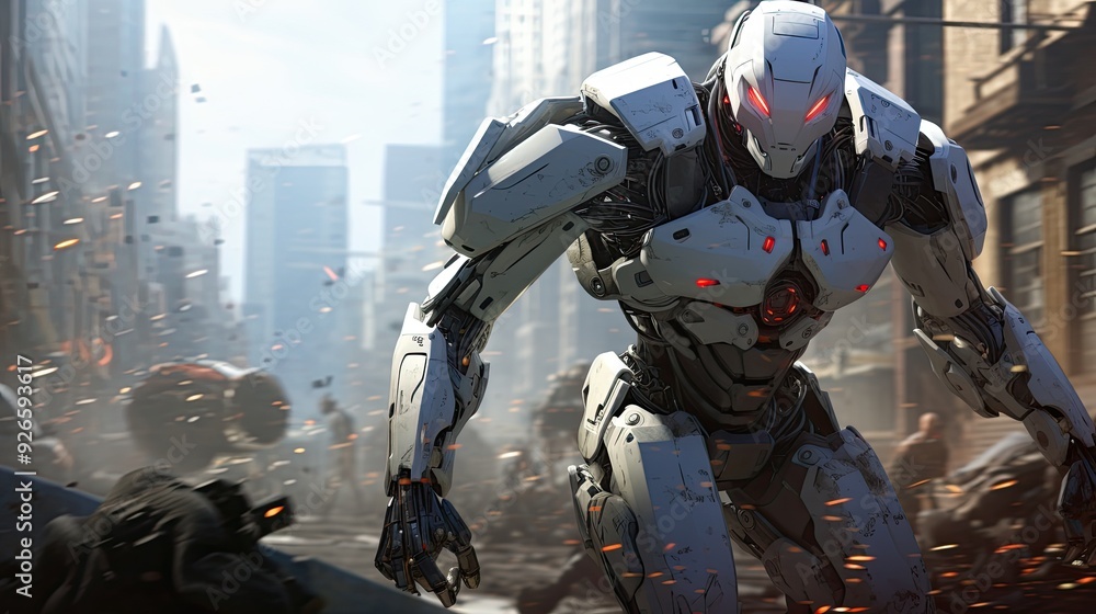 Poster a futuristic robot navigating a chaotic urban environment with explosions and debris.