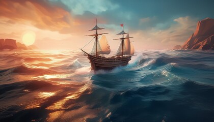 Obraz premium Ship in the sea, creative, Generative AI