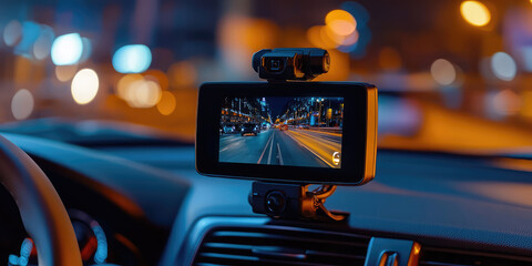 Video recorder screen in the car interior. Recording Traffic Situations for Driving. Smart Car Camcorder for Cars or Trucks.