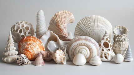A Collection of Diverse Seashells on a Grey Background